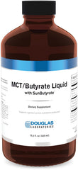Douglas Laboratories MCT/Butyrate Liquid bottle on counter, highlighting SunButyrate for steady energy support.