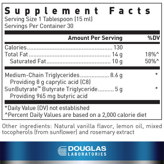 Douglas Laboratories dropper close-up releasing lemon-vanilla liquid for easy dosing.