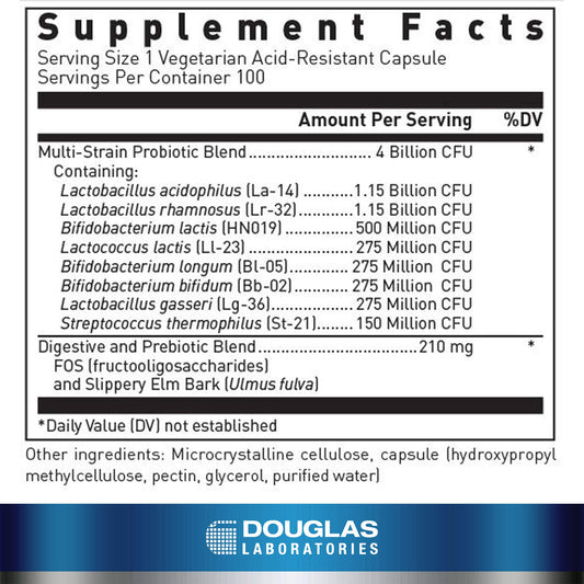 Close-up of Douglas Laboratories Multi-Probiotic capsules for daily gut balance