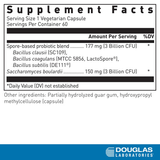 Douglas Laboratories Multi-Probiotic Spore + SBC capsules offer stable, shelf-friendly probiotic support