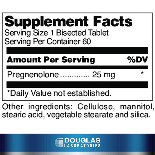 Douglas Laboratories Pregnenolone 25 mg label front highlighting ingredients and dosage.