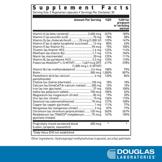 Douglas Laboratories Prenatal capsules close up highlighting bioavailable nutrients for mom