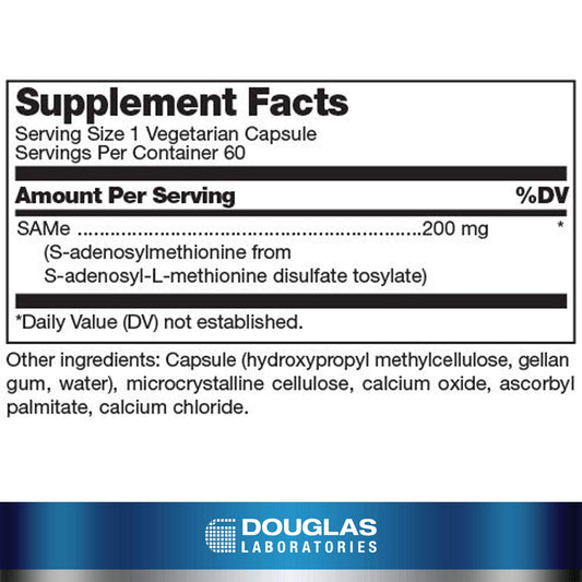 Douglas Laboratories SAM-e bottle label highlights ingredients and methylation potential