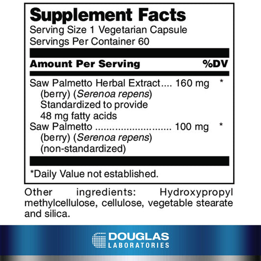 Douglas Laboratories Saw Palmetto Max-V label close-up shows standardized extract potency