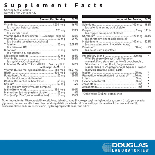 Douglas Laboratories Ultra Preventive 2 Daily bottle side label highlights essential nutrients