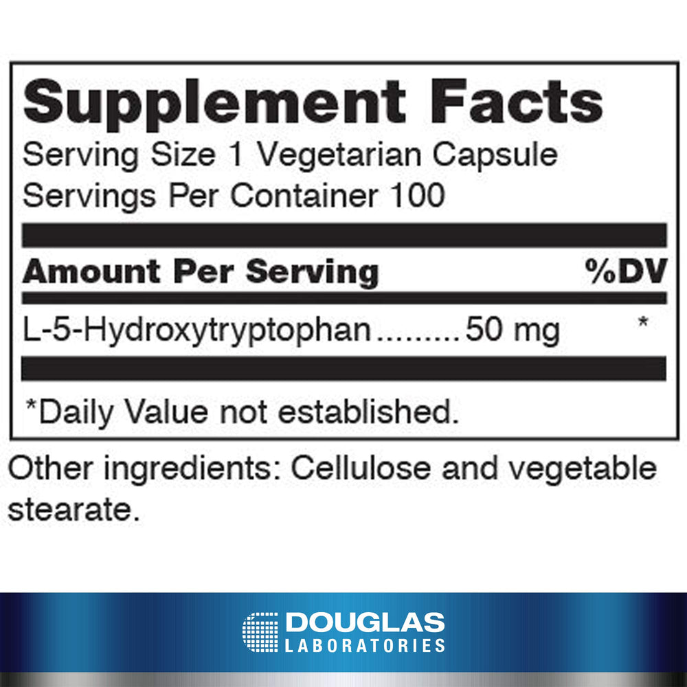 Close-up of Douglas Laboratories 5-HTP capsules highlighting compact daily-use format.