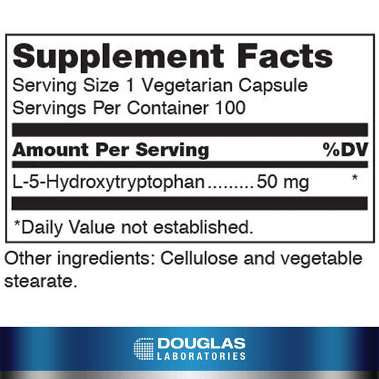 Close-up of Douglas Laboratories 5-HTP capsules highlighting compact daily-use format.