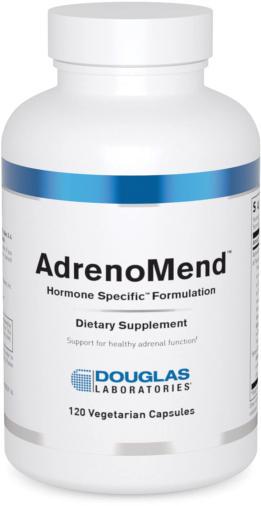 Douglas Laboratories AdrenoMend bottle label displays key adrenal support ingredients.