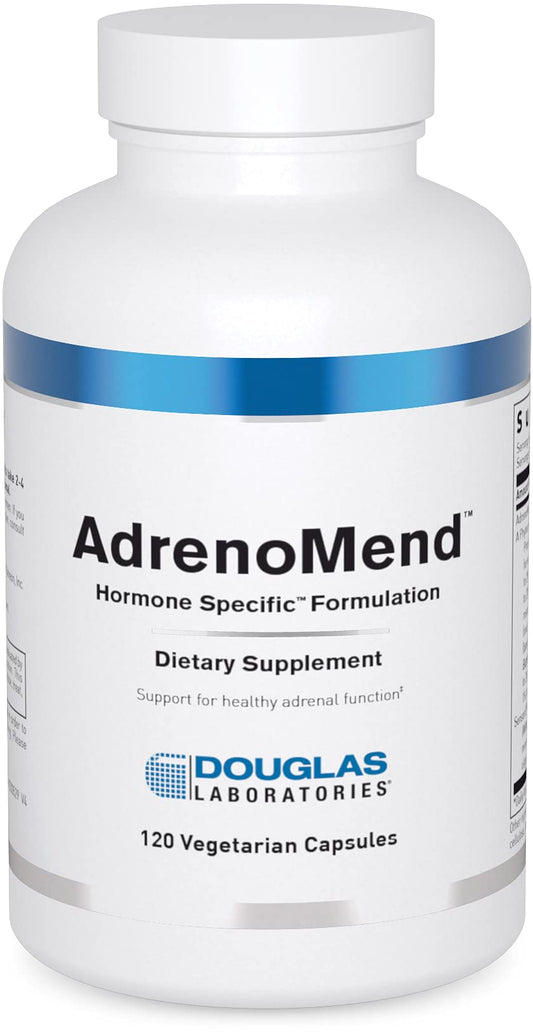 Douglas Laboratories AdrenoMend bottle label displays key adrenal support ingredients.