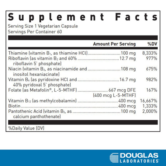 Bottle being poured from Douglas Laboratories B-Complex with Metafolin for daily supplementation.