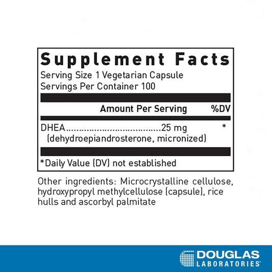 Douglas Laboratories DHEA 25 mg capsules close-up shows texture and micronized form