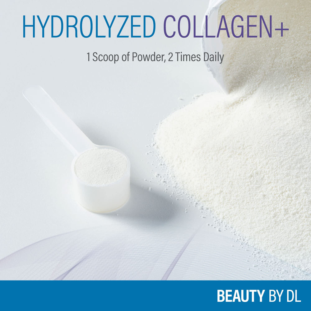 Glass of water with Hydrolyzed Collagen+ dissolving quickly for convenient morning mix.