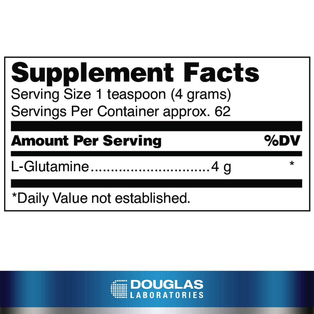 Douglas Laboratories L-Glutamine powder label highlights ingredients and GMP quality