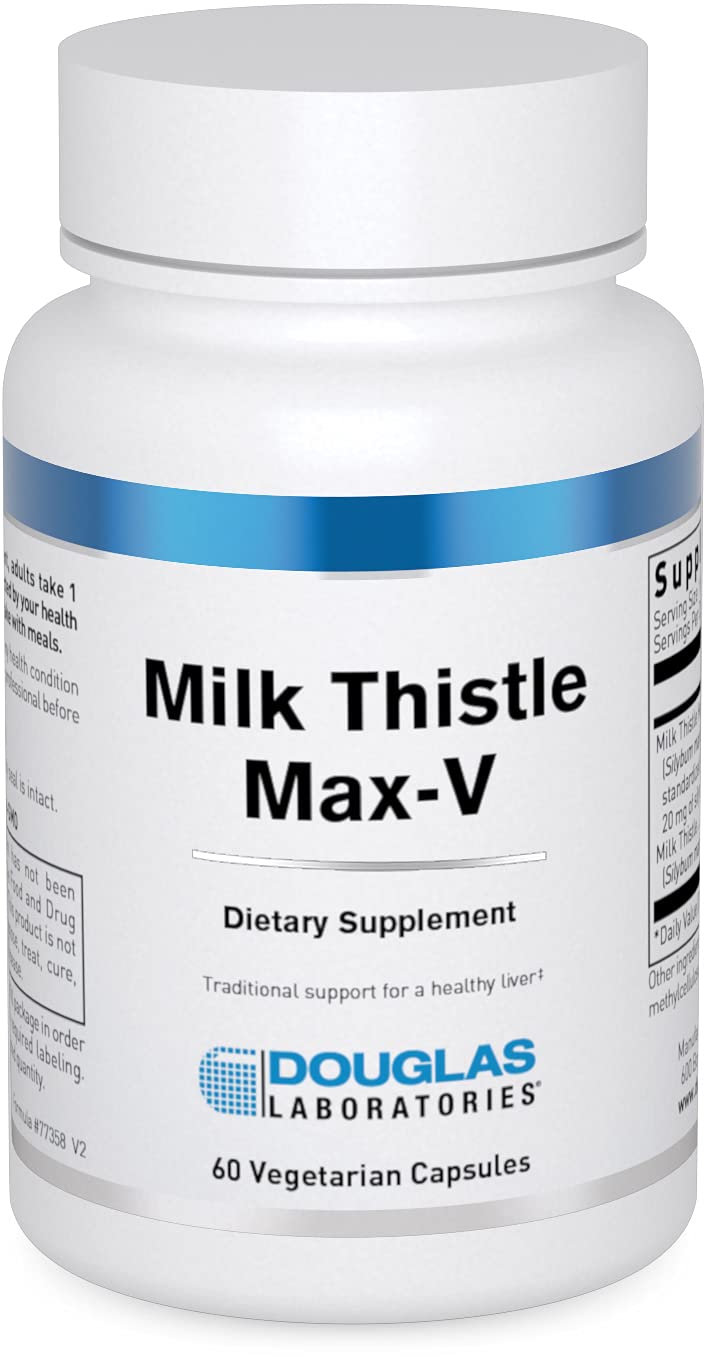 Douglas Laboratories Milk Thistle Max-V bottle label highlights standardized extract for liver support.