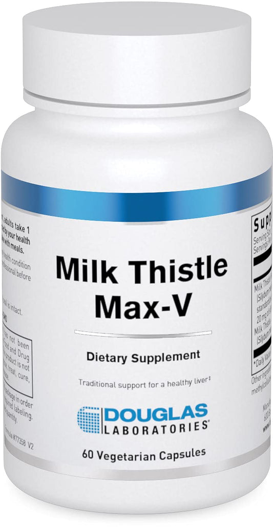 Douglas Laboratories Milk Thistle Max-V bottle label highlights standardized extract for liver support.