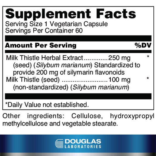 Douglas Laboratories Milk Thistle Max-V capsules inside a bottle convey liver support and daily wellness.