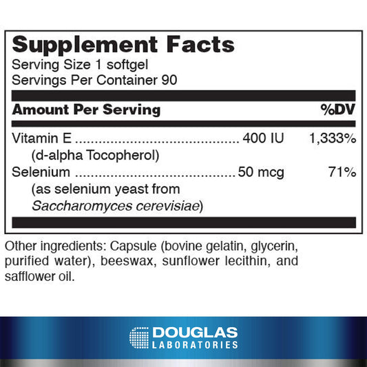 Douglas Laboratories bottle label highlights 400 IU vitamin E and 50 mcg selenium