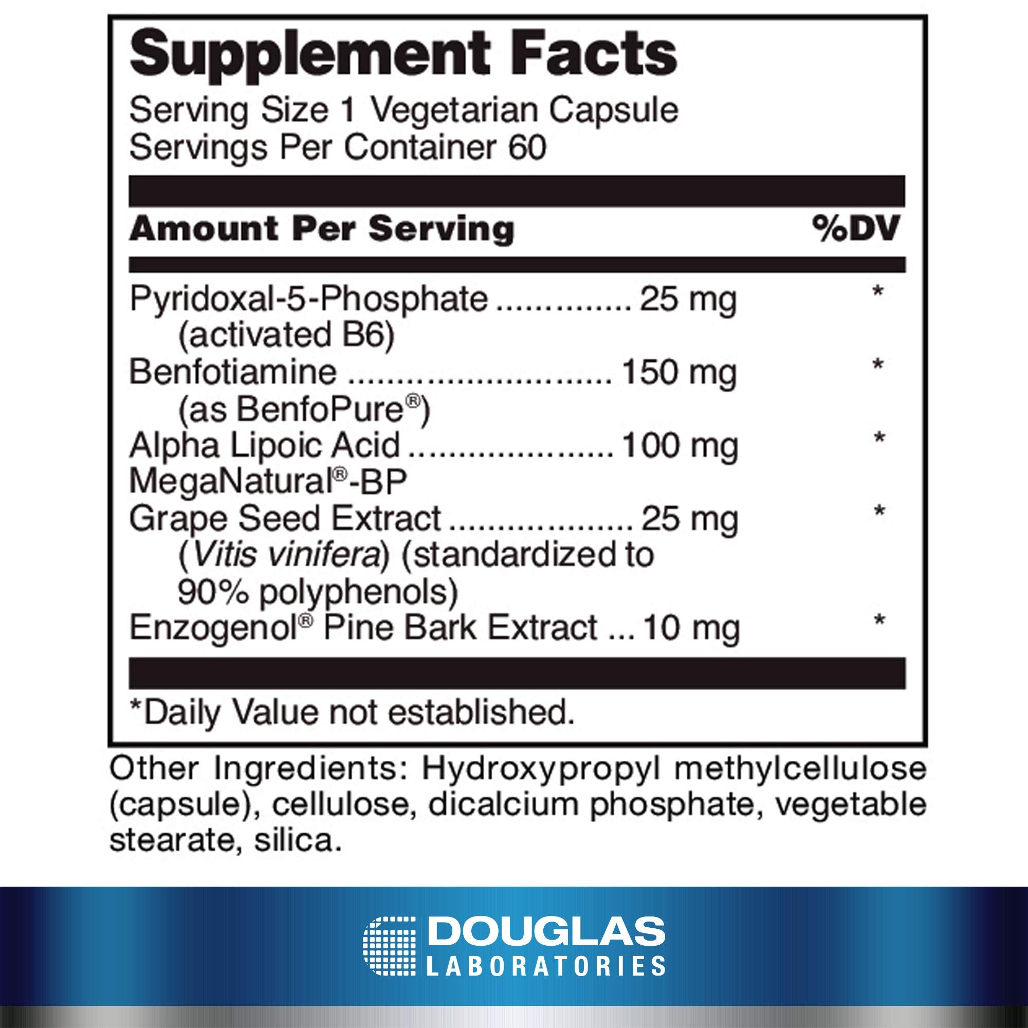 Douglas Laboratories Ultra Benfotiamine capsules resting on white, highlighting a daily wellness supplement.