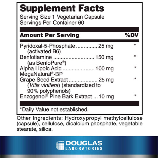 Douglas Laboratories Ultra Benfotiamine capsules resting on white, highlighting a daily wellness supplement.