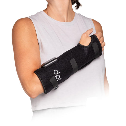 DPL red light wrap on wrist, front view, showing comfortable fit for daily tasks.