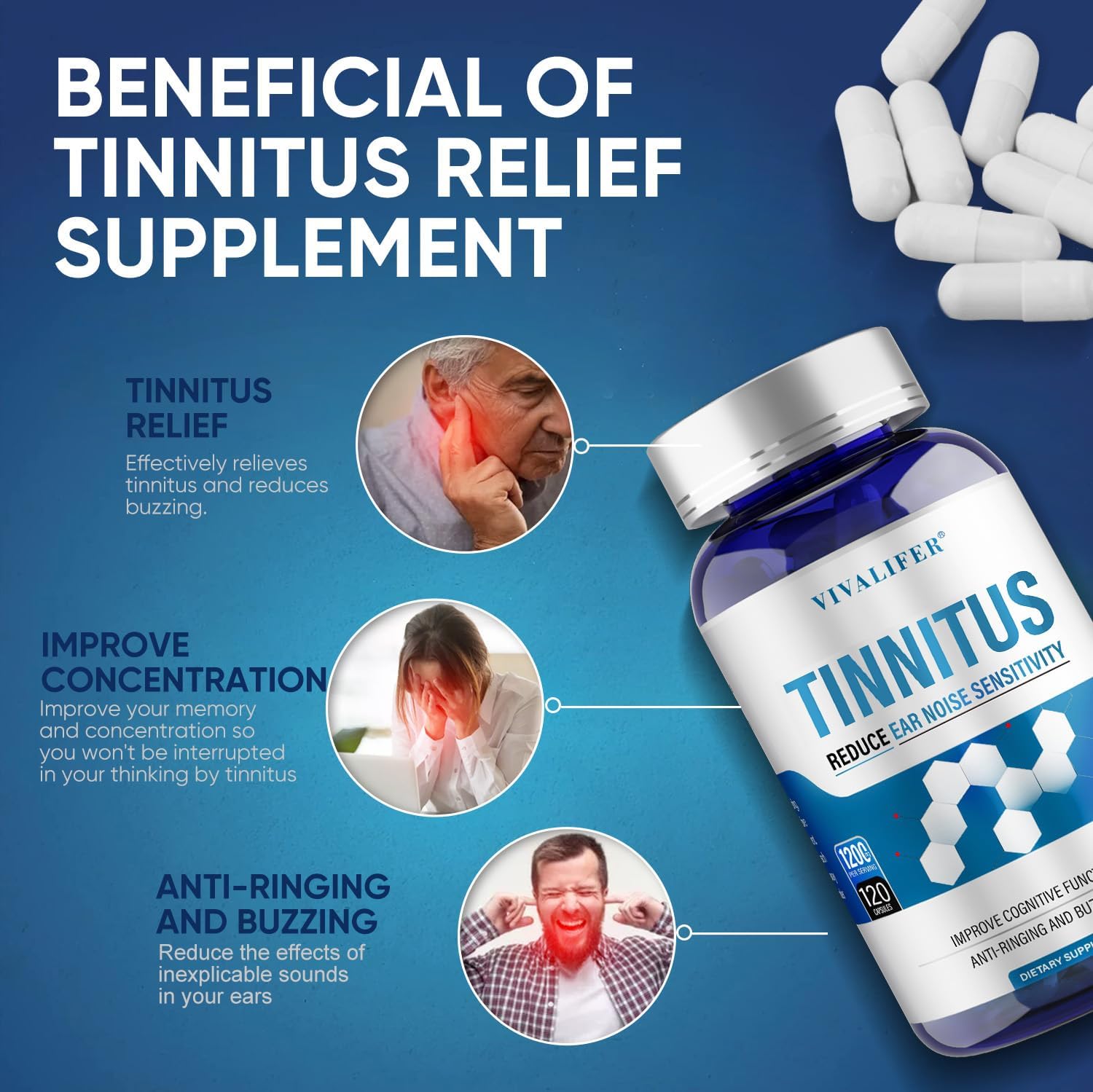 DQII Tinnitus Relief label details show natural vitamins for ear nerve support.