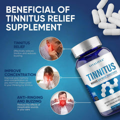 DQII Tinnitus Relief label details show natural vitamins for ear nerve support.