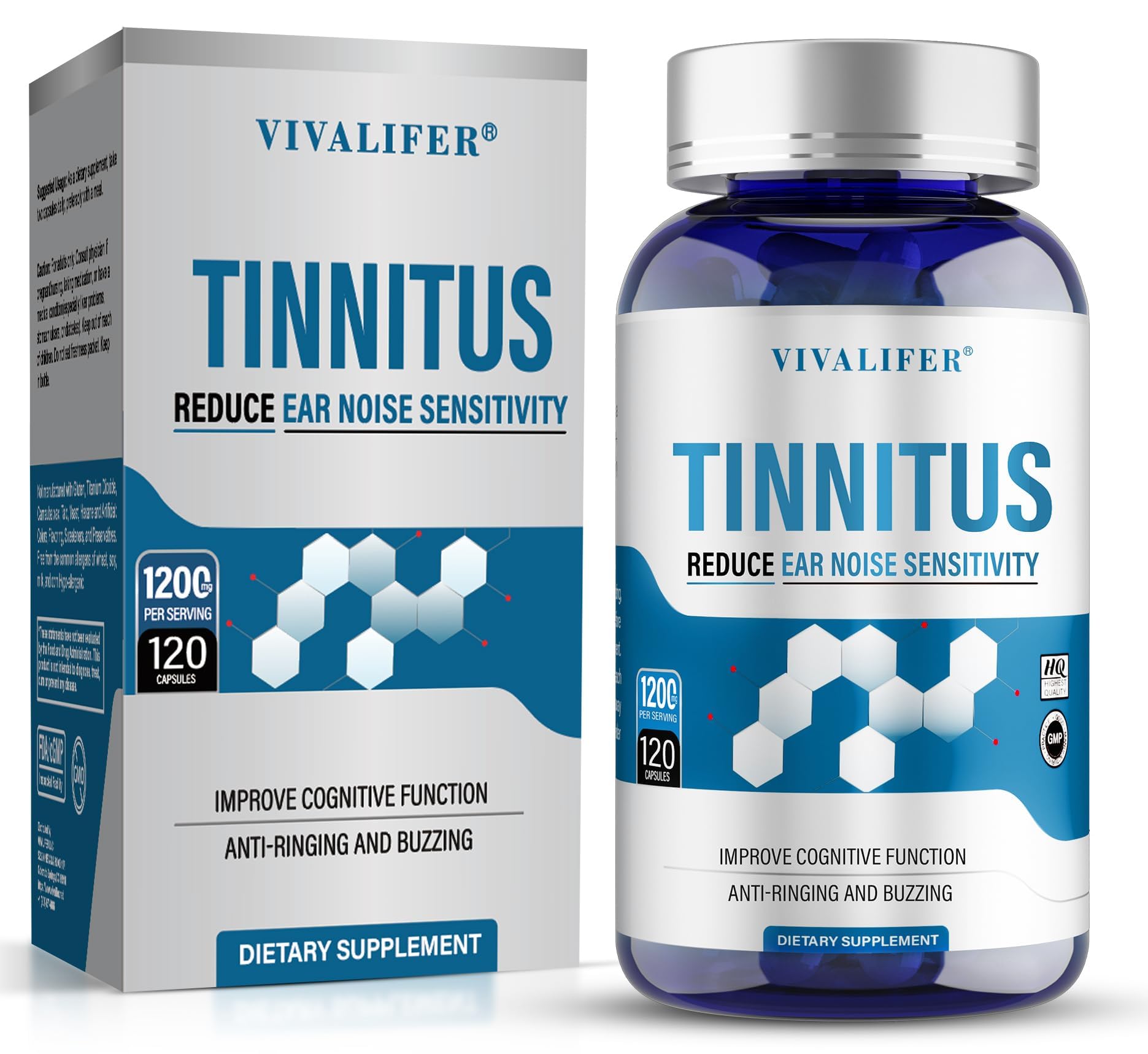 DQII Tinnitus Relief bottle on shelf supports ear comfort and daily wellness.