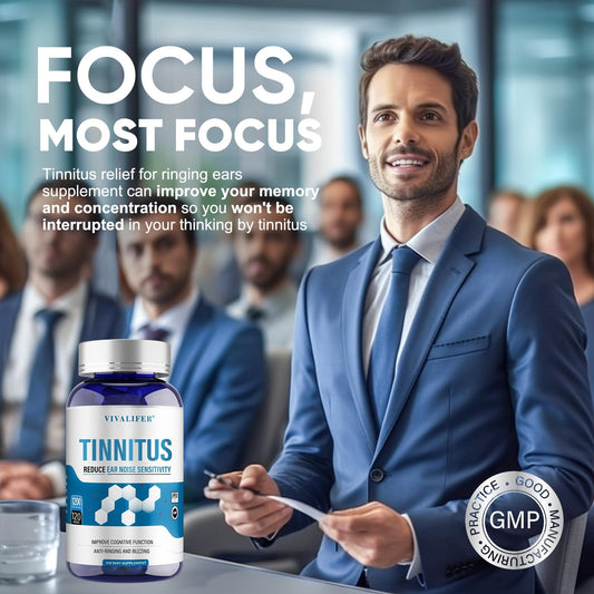 DQII Tinnitus Relief capsules closeup showcases vitamins for ear health support.