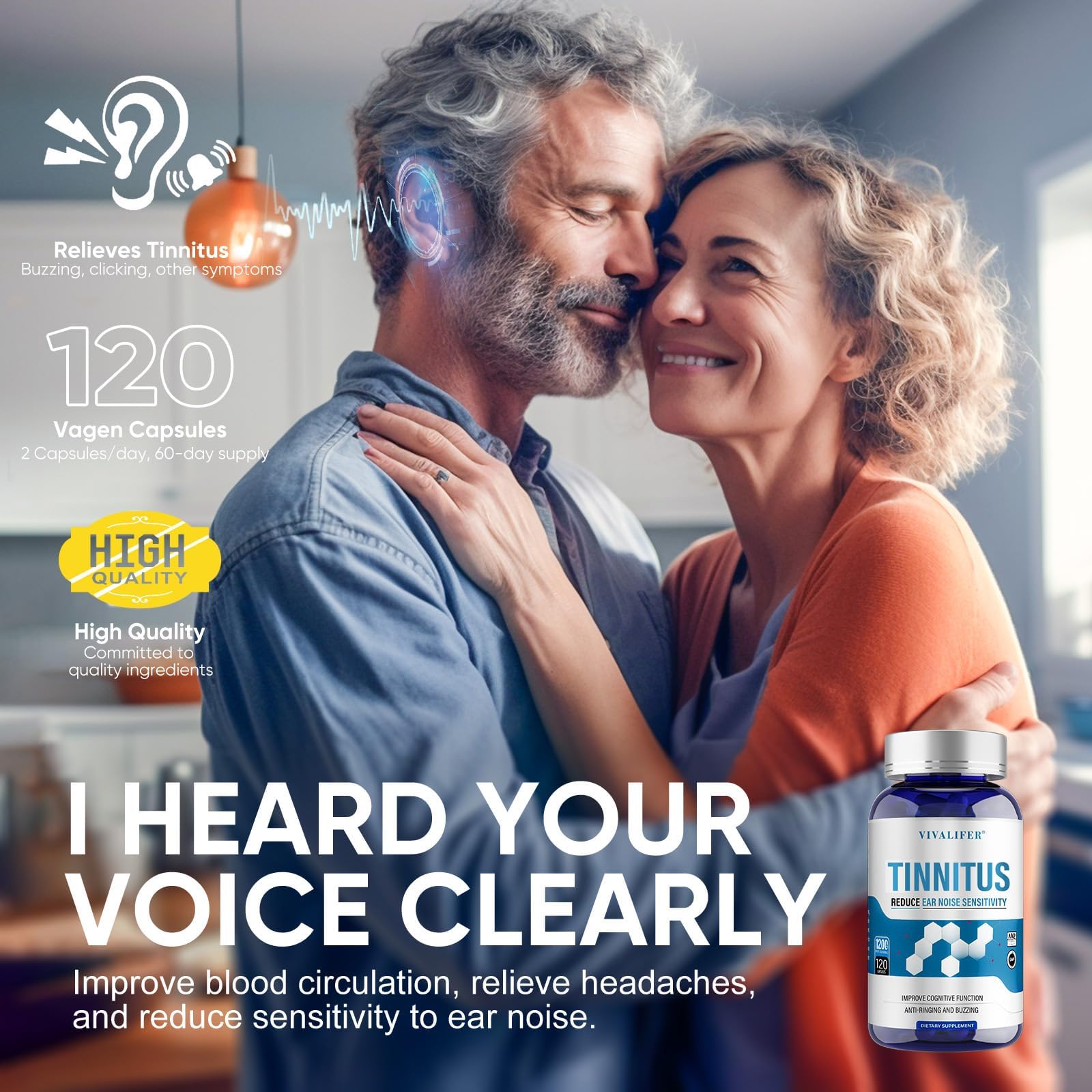 DQII Tinnitus Relief in hand illustrates easy daily supplementation for focus.