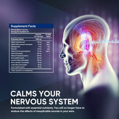 DQQI Hearing Health supplement label closeup highlights vitamin C and B complex for immune and energy support.