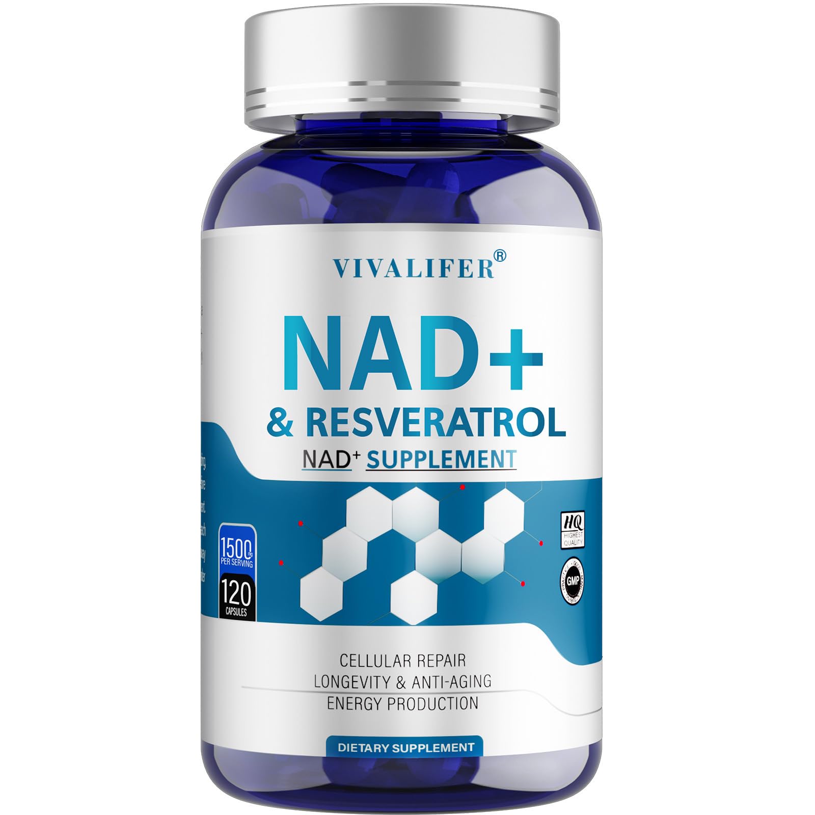 DQQI NMN bottle front showing high-purity NAD+ and Resveratrol for energy and aging support.