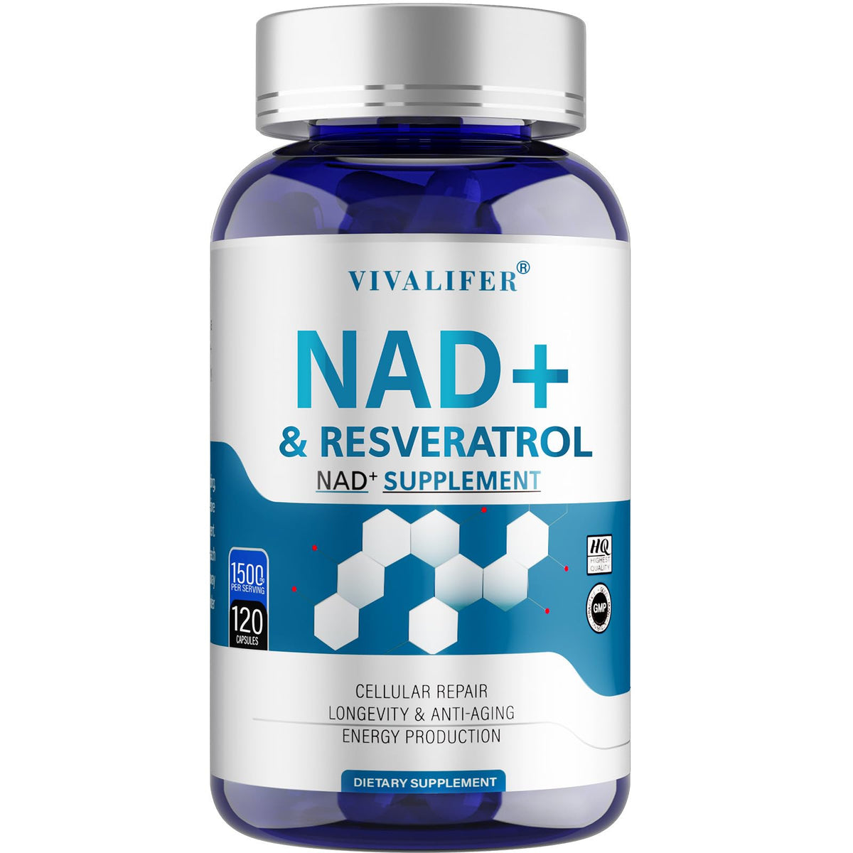 DQQI NMN bottle front showing high-purity NAD+ and Resveratrol for energy and aging support.