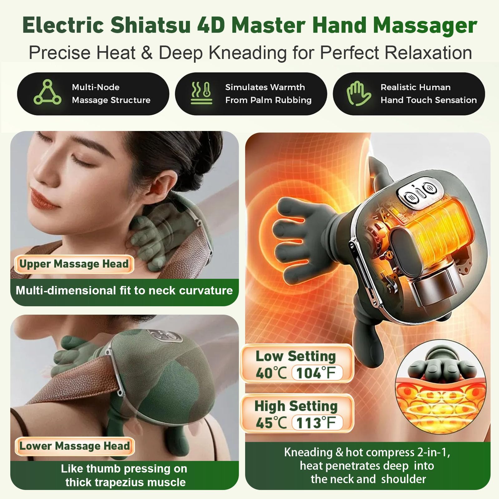 DQVTIC Shiatsu 4D kneading head close-up shows deep tissue-like massage action.