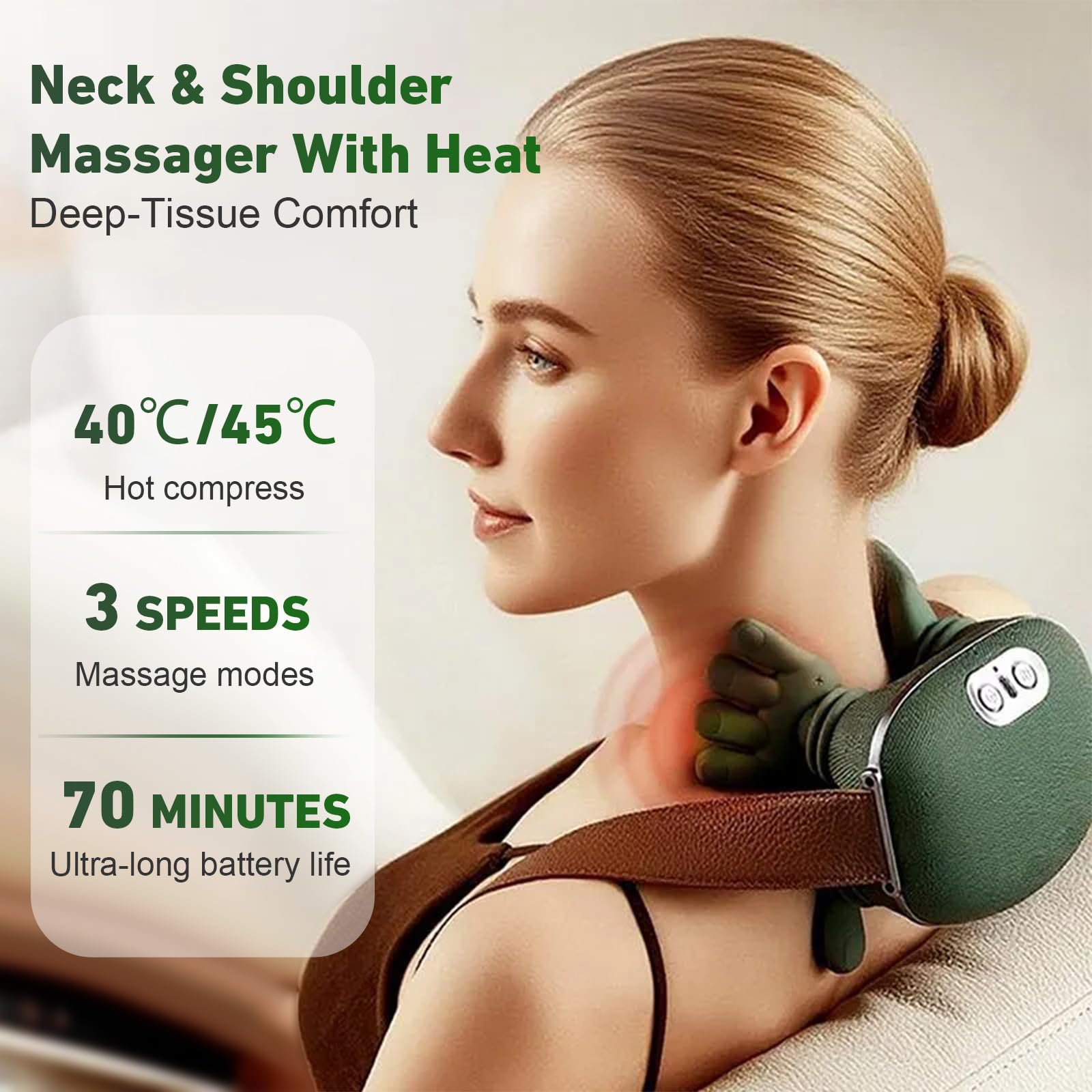 DQVTIC Shiatsu massager heat zone demonstrates soothing warmth for tense shoulders.