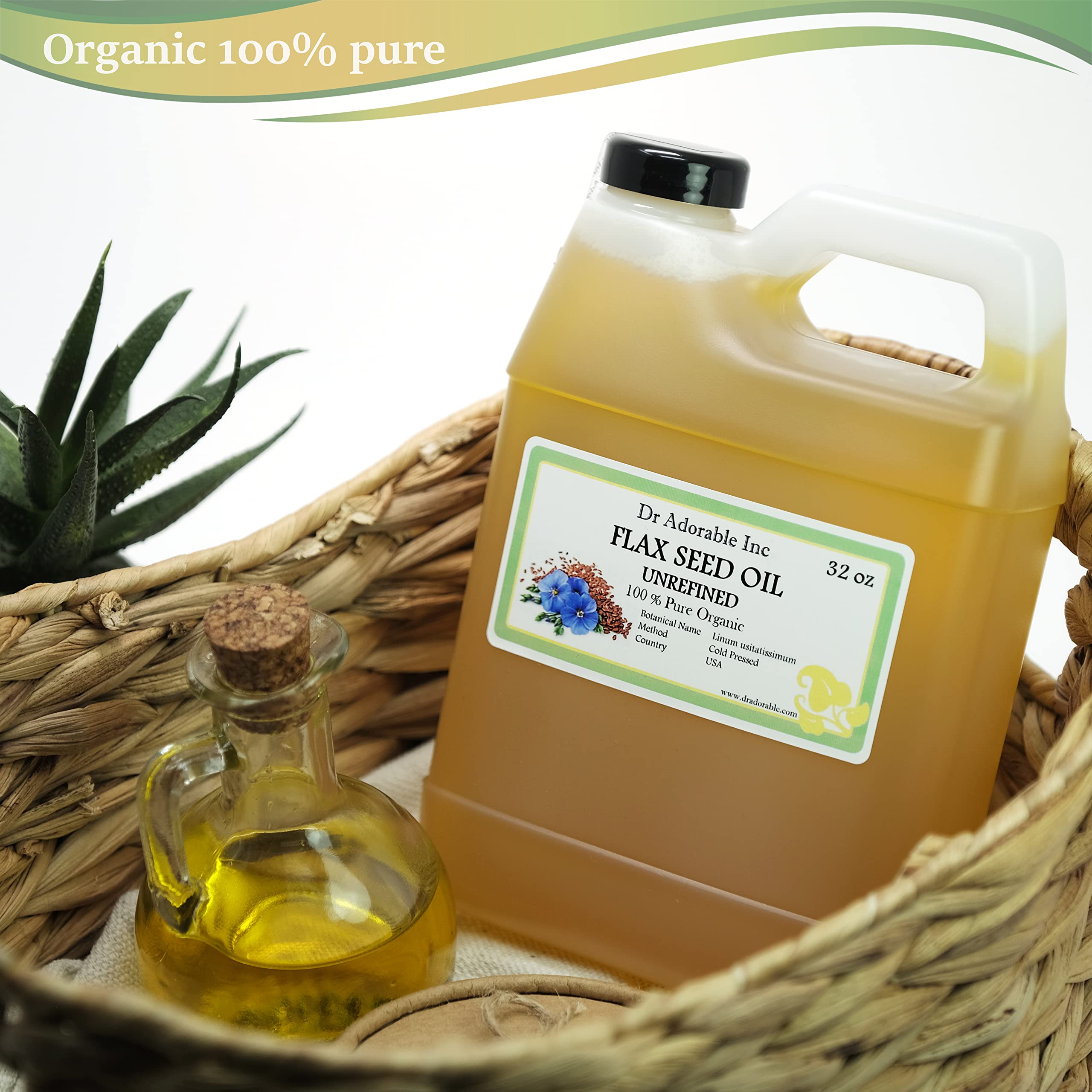 Close-up of Dr Adorable flax seed oil label showing purity and organic source.