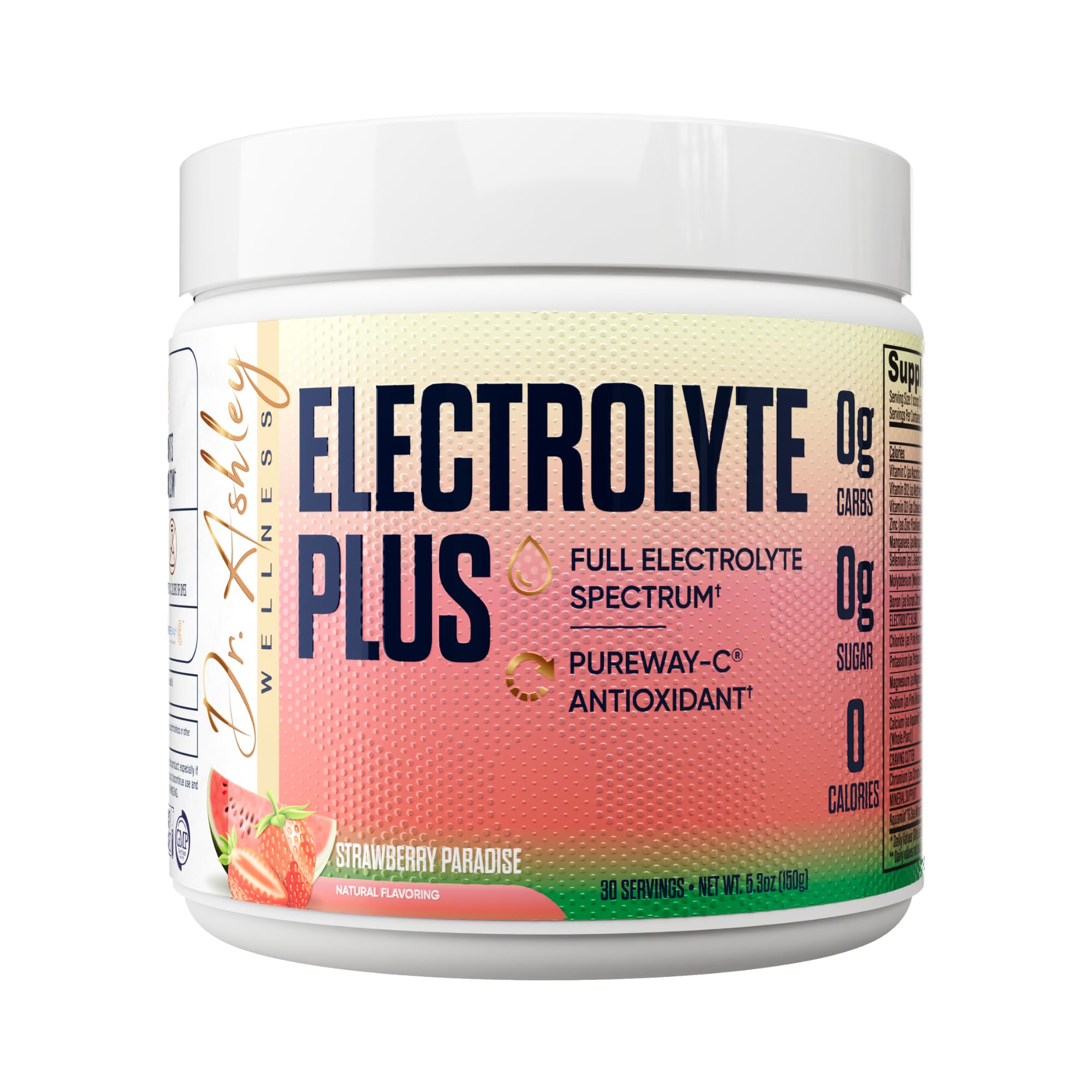 Dr. Ashley Wellness Electrolyte Plus powder in the strawberry paradise tub for hydration.
