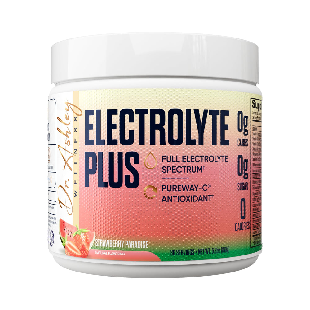Dr. Ashley Wellness Electrolyte Plus powder in the strawberry paradise tub for hydration.