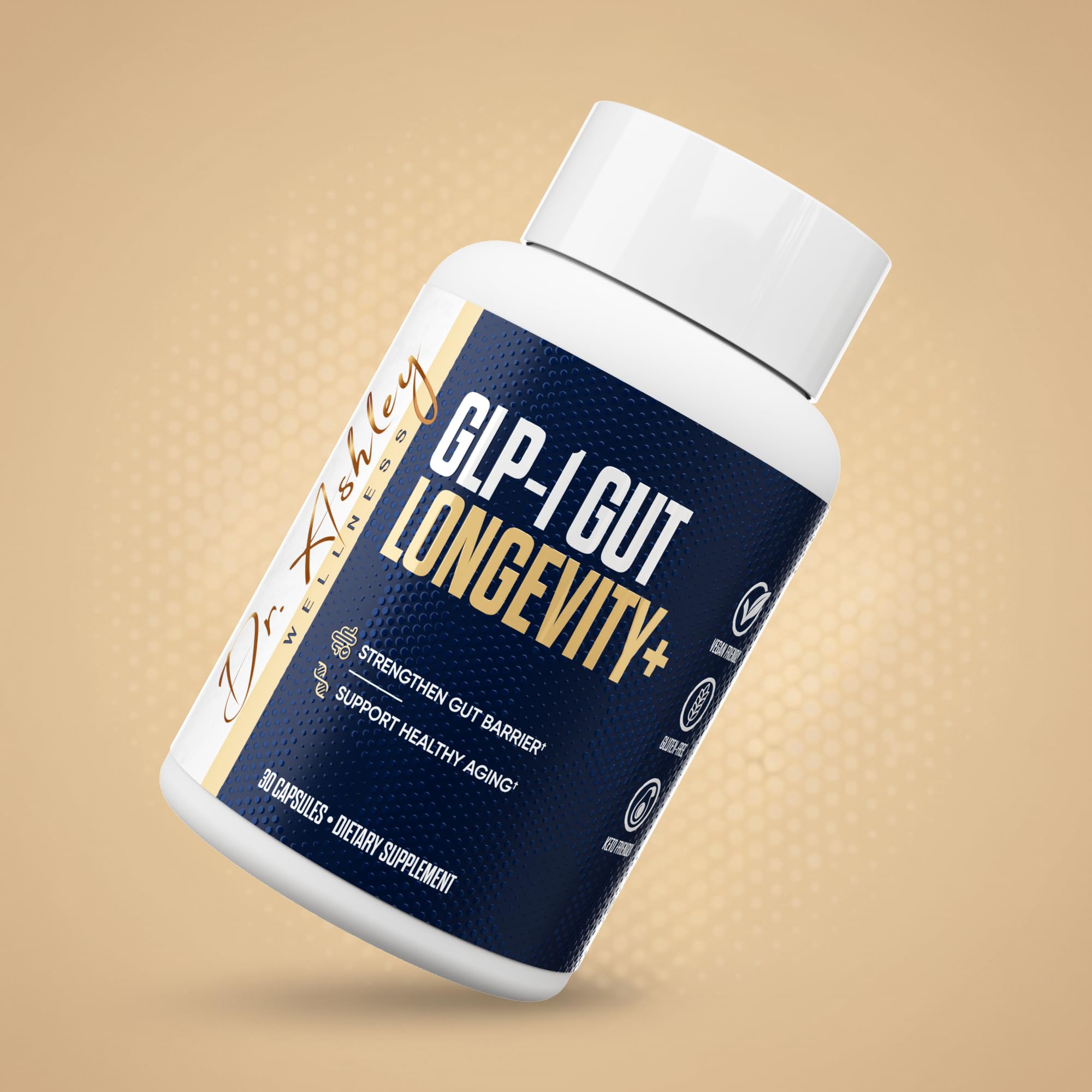 Dr. Ashley Wellness GLP-1 Akkermansia postbiotic visible for gut barrier support.