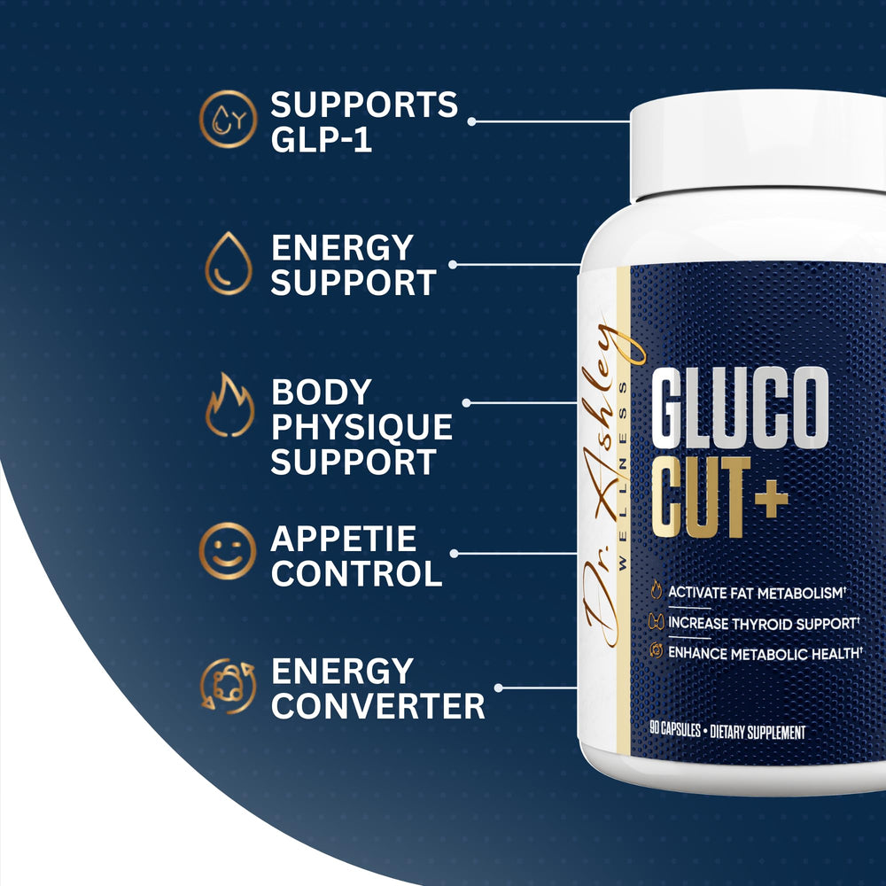 Dr. Ashley Wellness GlucoCut+ bottle back displaying dosage information for routine planning.