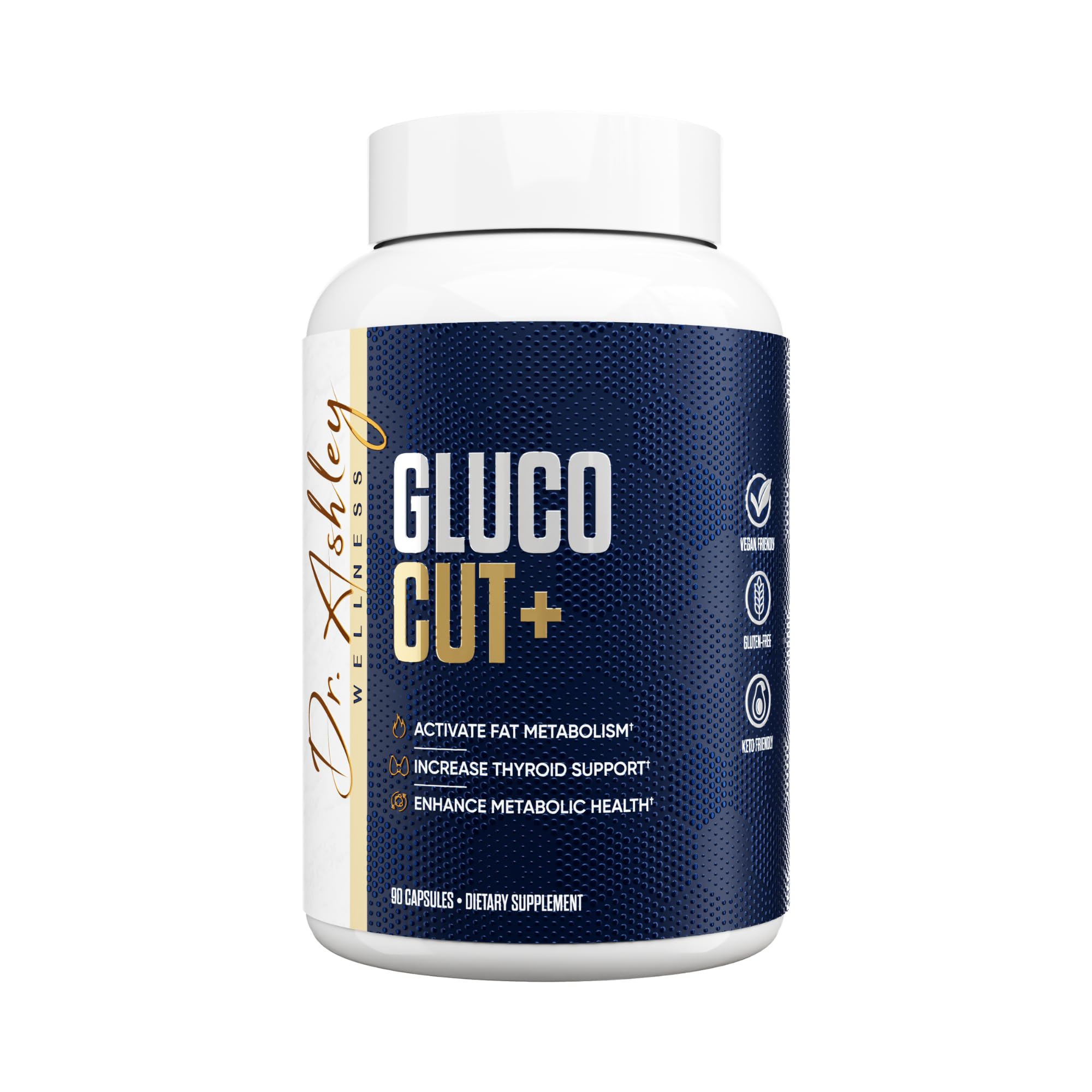 Dr. Ashley Wellness GlucoCut+ bottle front showing convenient daily metabolic balance.
