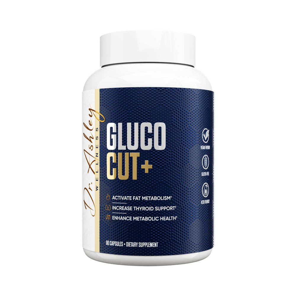 Dr. Ashley Wellness GlucoCut+ bottle front showing convenient daily metabolic balance.