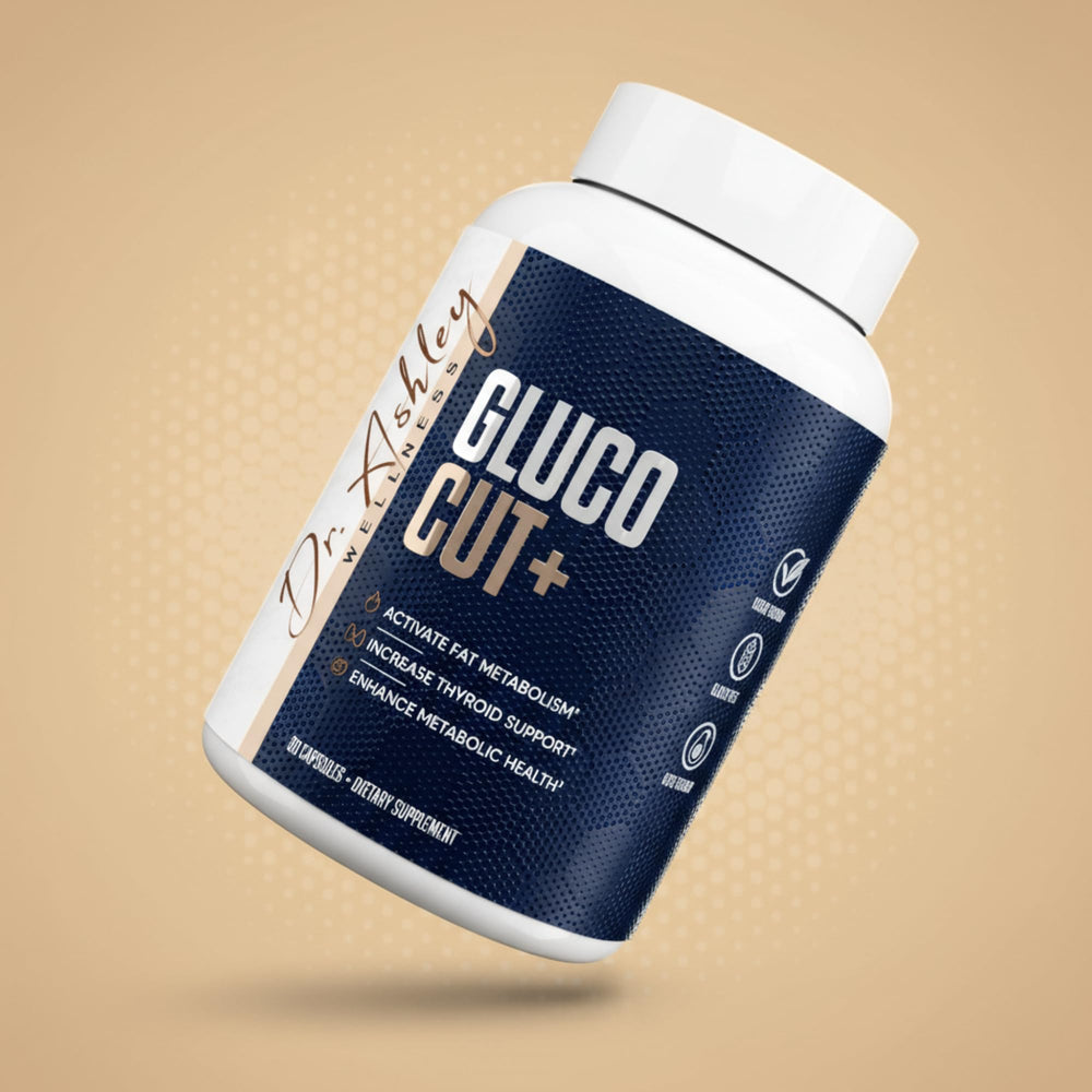 Dr. Ashley Wellness GlucoCut+ packaging shot communicates brand trust and transparency.