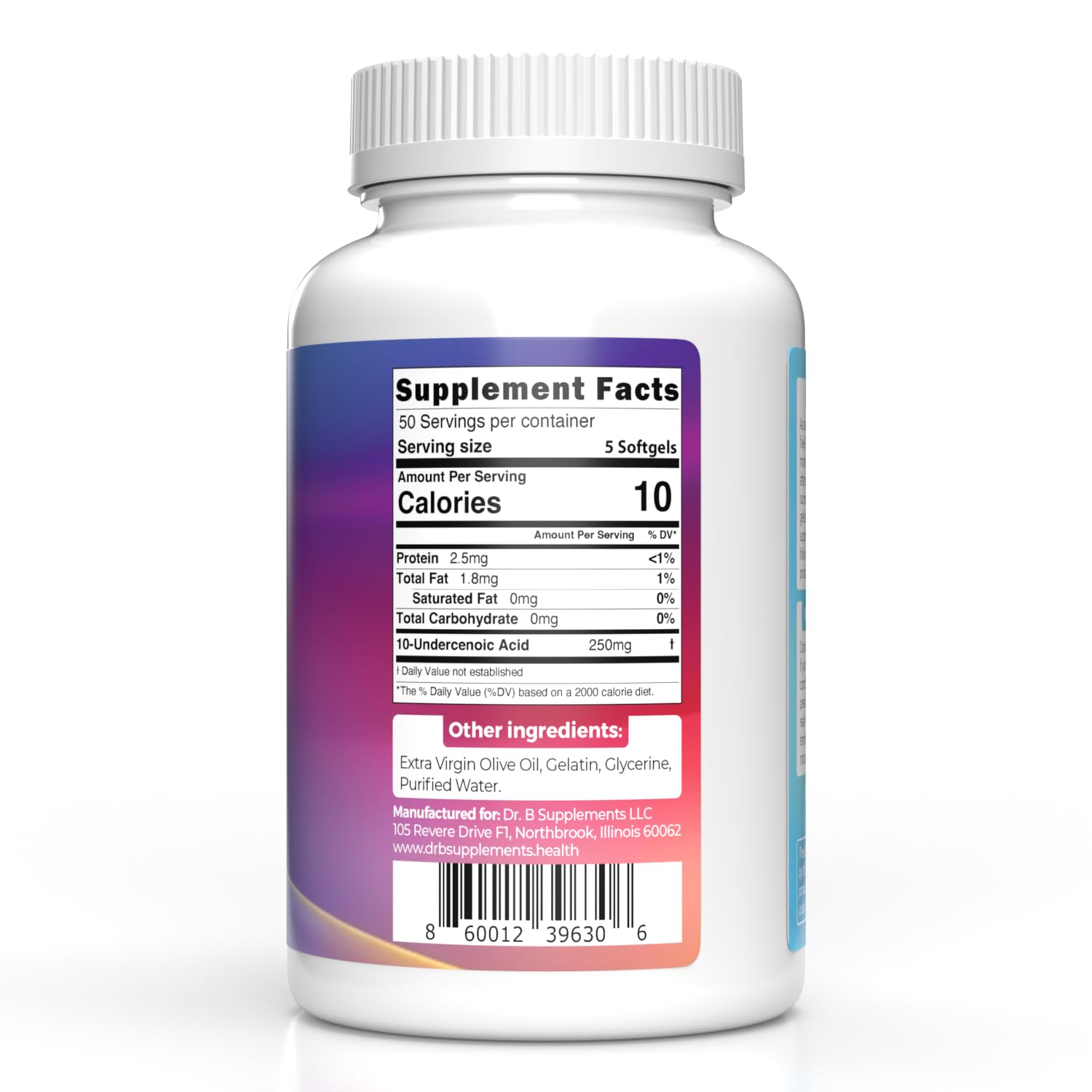 Dr B Supplements undecylenic acid label front conveys quality and purity