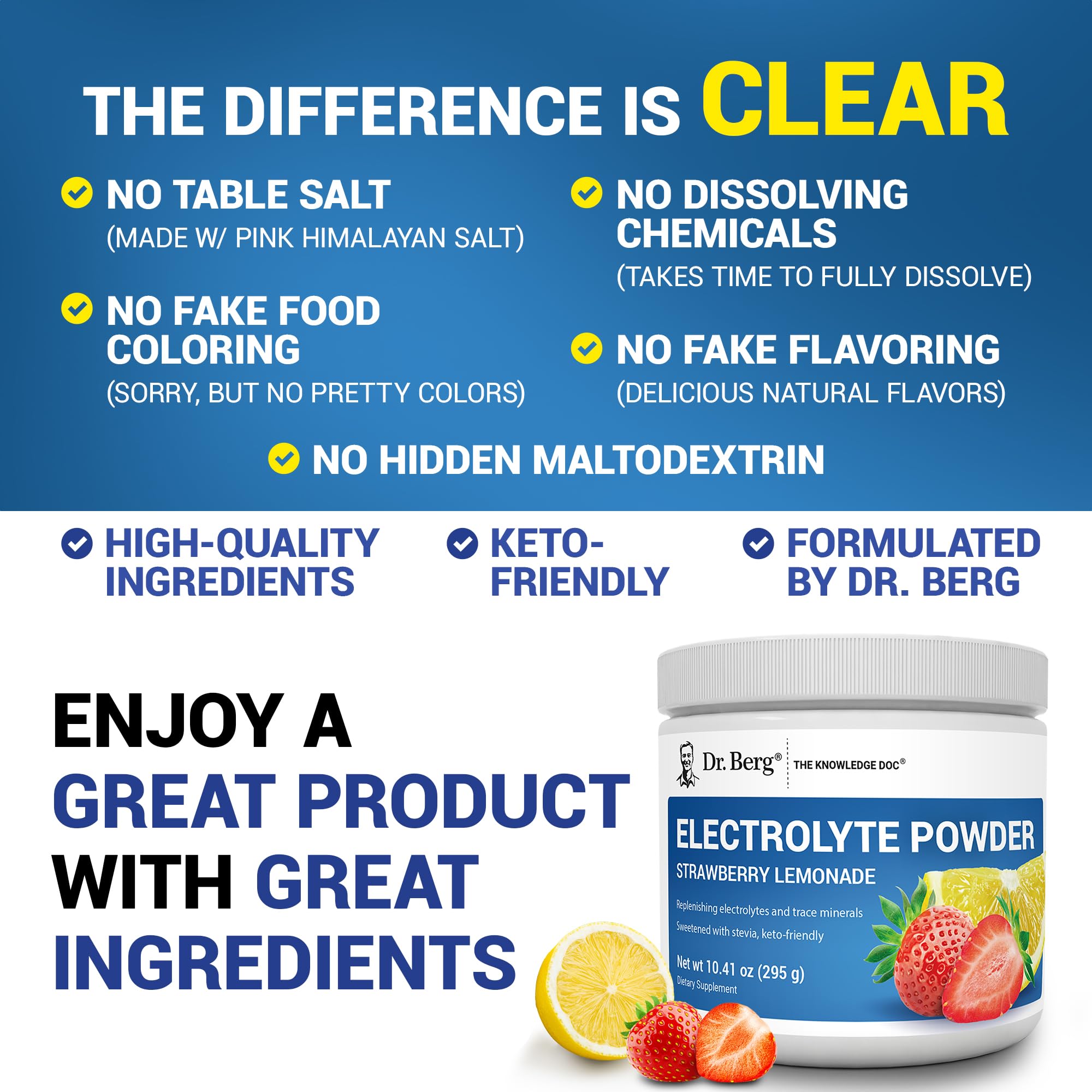 Dr. Berg 50 servings tub emphasizes keto-friendly electrolyte supply.