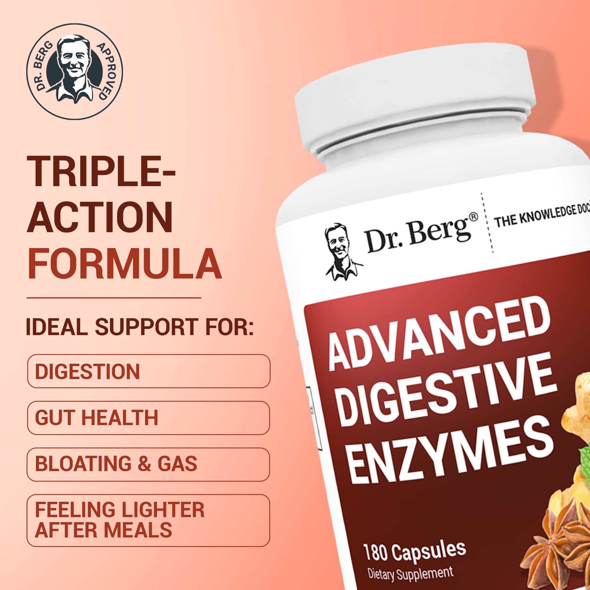 Dr. Berg Advanced Digestive Enzymes capsules closeup highlighting HCI and ACV for digestion support