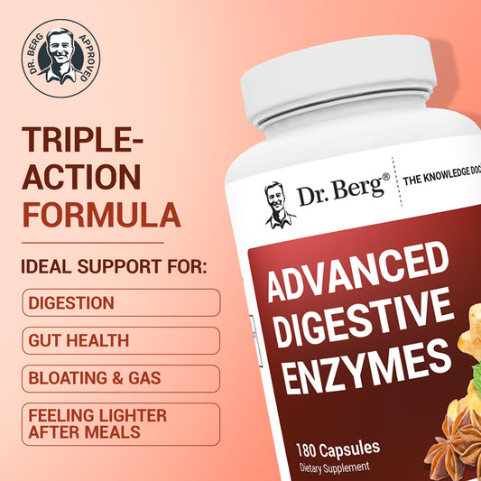 Dr. Berg Advanced Digestive Enzymes capsules closeup highlighting HCI and ACV for digestion support