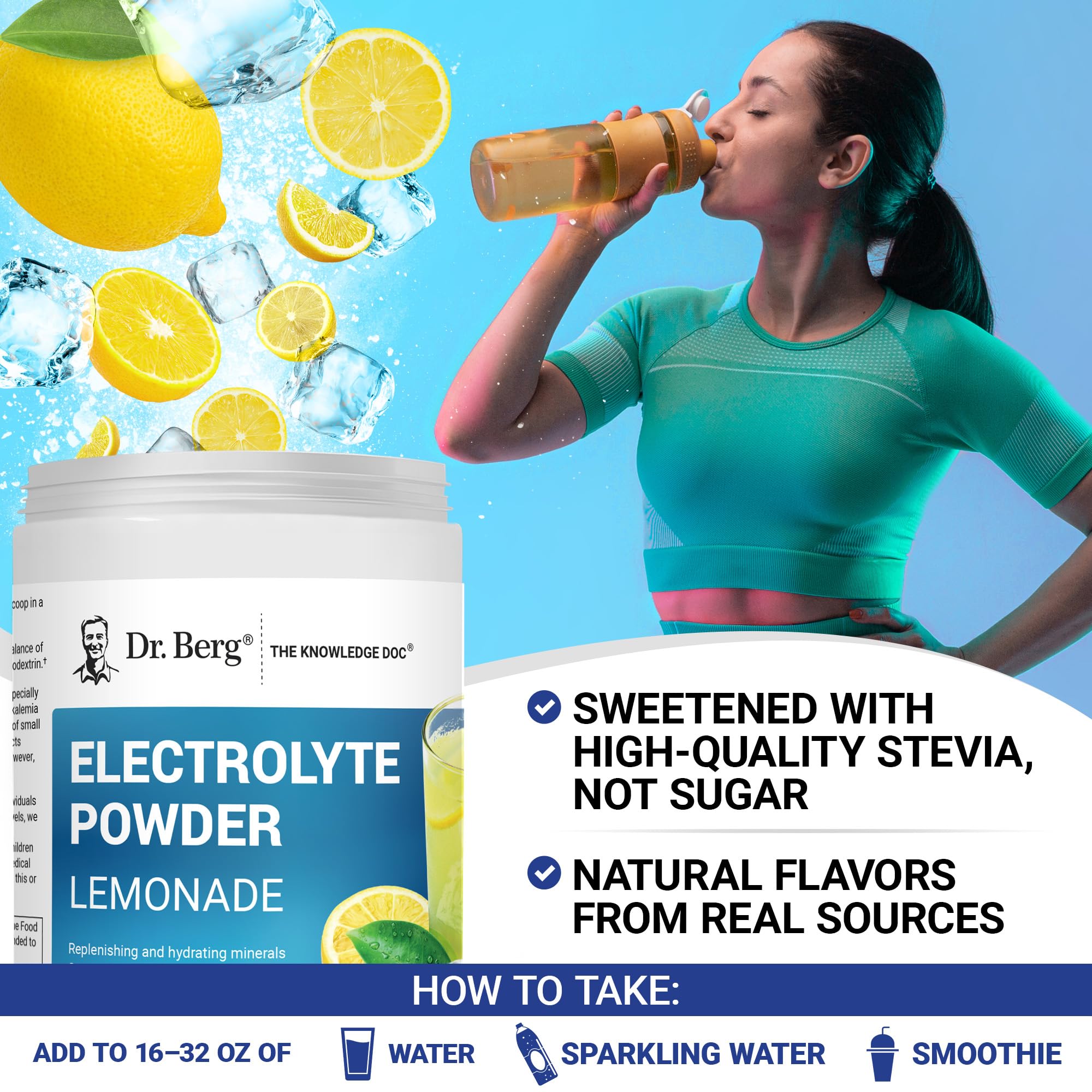 Athlete rehydrating during workout with lemon flavor drink.
