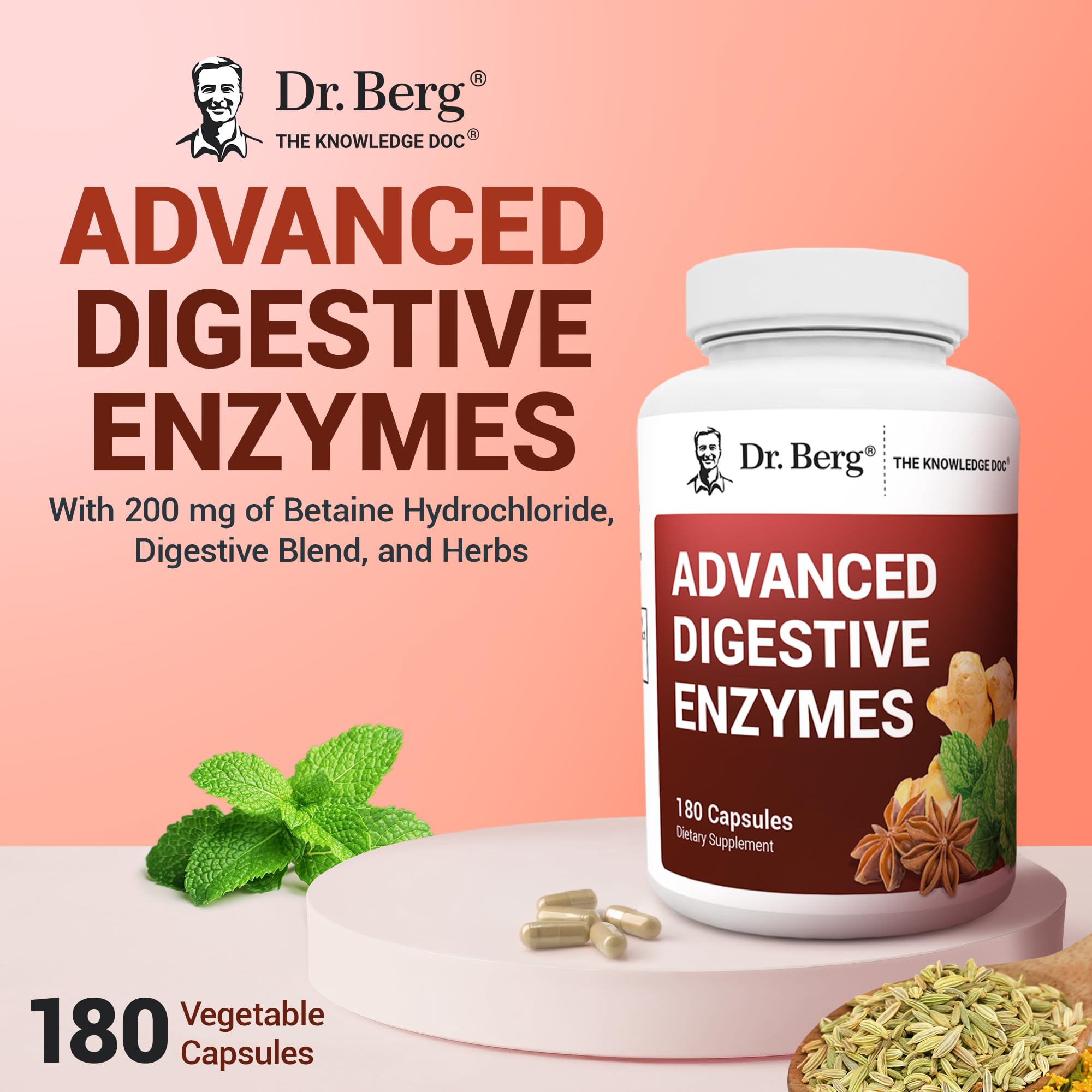 Dr. Berg Digestive Enzymes packaging with ginger and peppermint for soothing meals after heavy foods