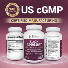 Dr. Berg Elderberry capsules close-up displaying bioactive nutrients.