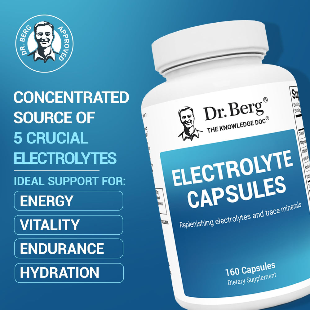 Label detail on Dr. Berg Electrolyte Capsules emphasizes sugar-free formula.